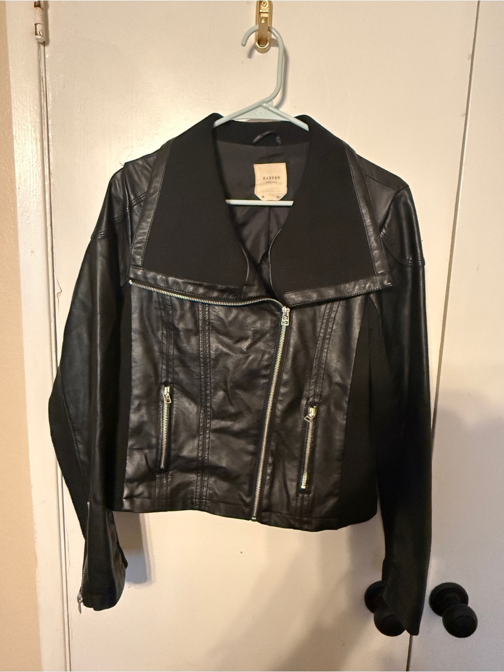 Leather-Trim Black Bomber Jacket - M
